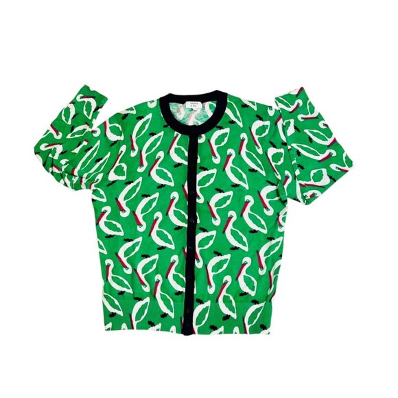 Crown & Ivy Unique Eclectic Pelican Print Cardigan Sweater Green Red Sz Large - Picture 4 of 10